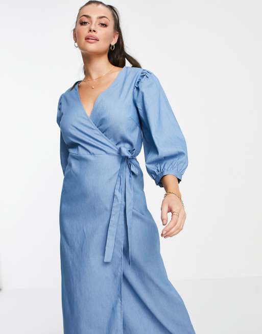 Vila v neck denim wrap dress with puff sleeve in blue ASOS