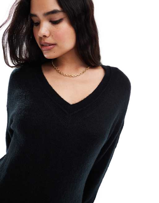 Vila v neck knit midi sweater dress in black ASOS