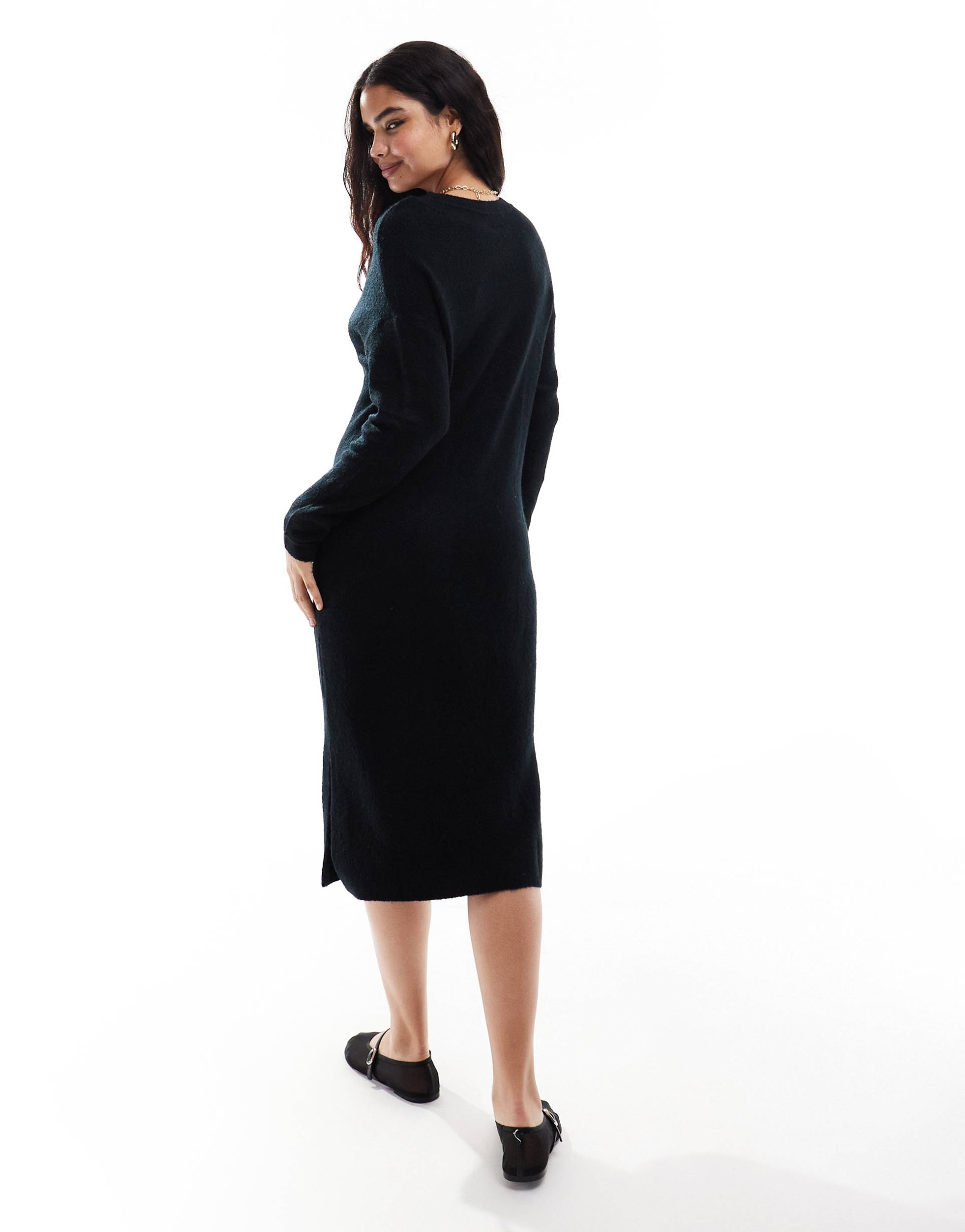 vila v neck knit midi sweater dress in black