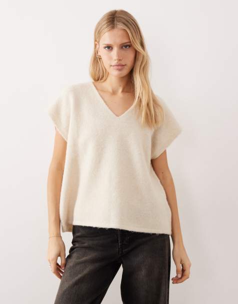 VILA v-neck knit top in light heathered natural - view 1