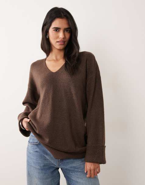 Vila V-Neck knit tunic sweater in chocolate brown - view 1