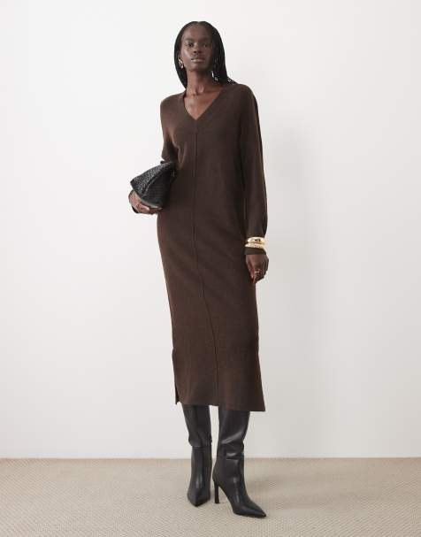 VILA v-neck knitted maxi dress in chocolate brown melange - view 1