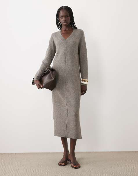 VILA v-neck knitted midi dress in falcon melange - view 1