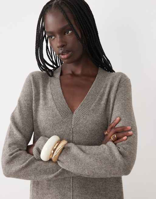 Vila v-neck knitted midi dress in falcon melange, 3 of 4