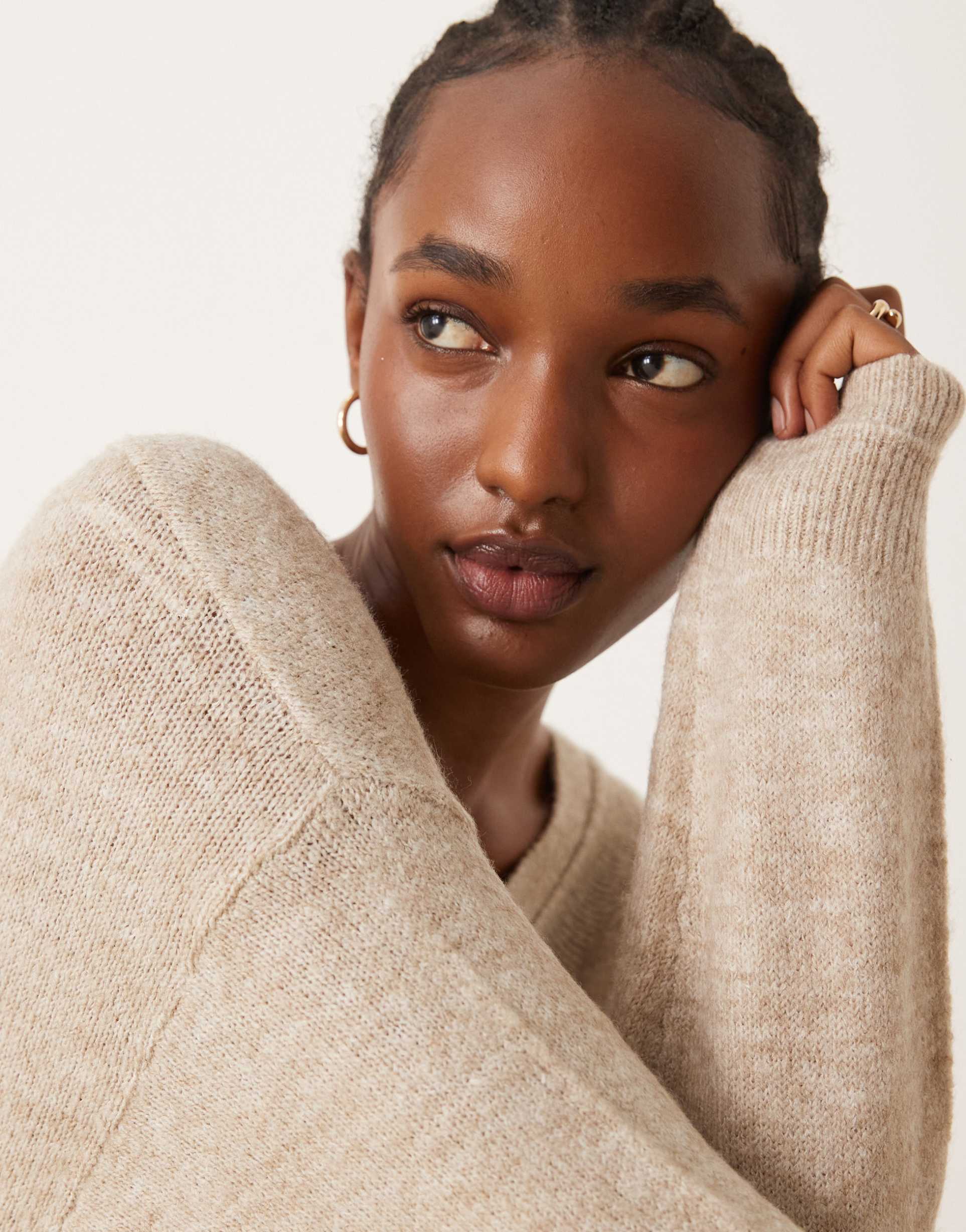 vila v neck knitted sweater midi dress in natural melange