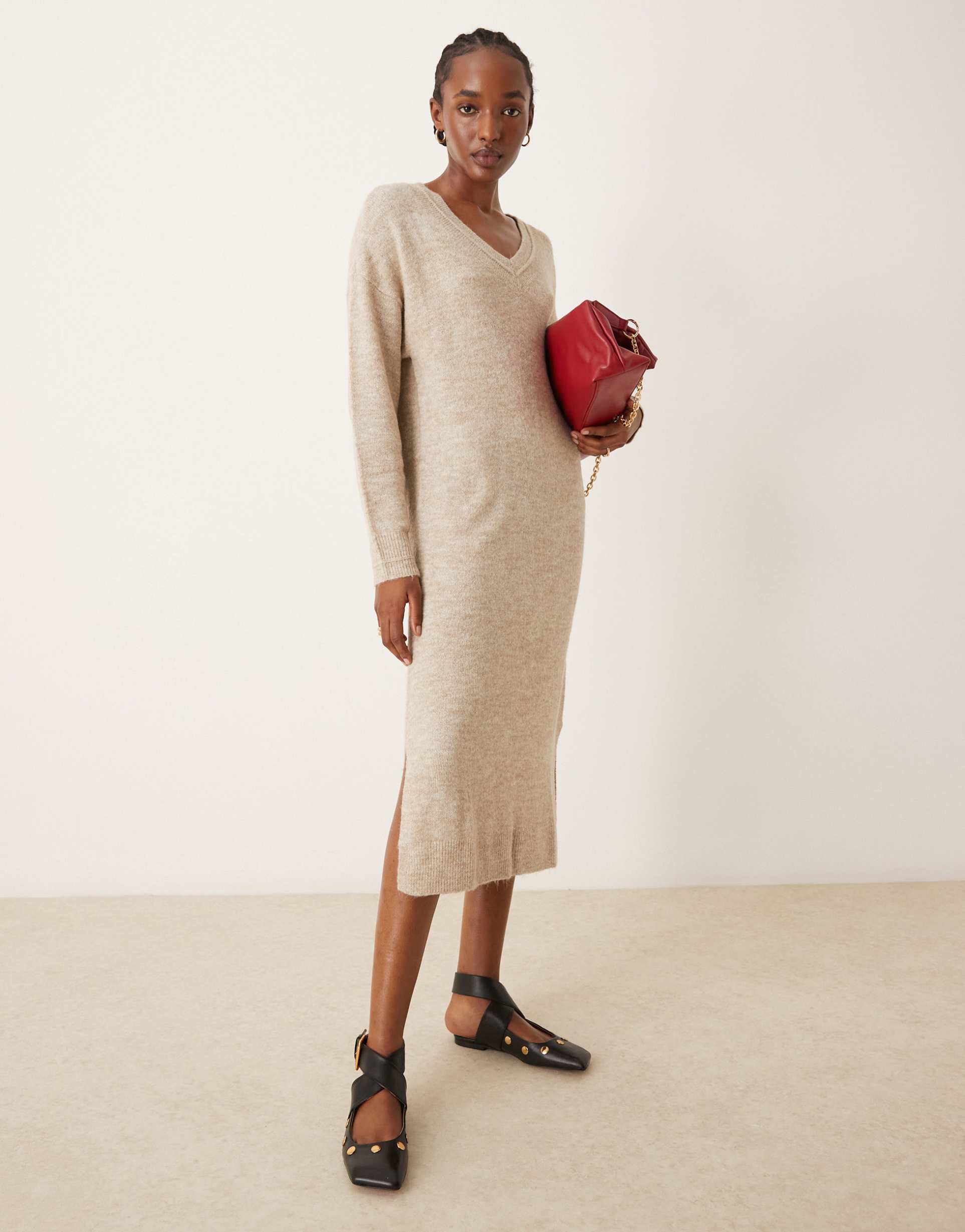 vila v neck knitted sweater midi dress in natural melange