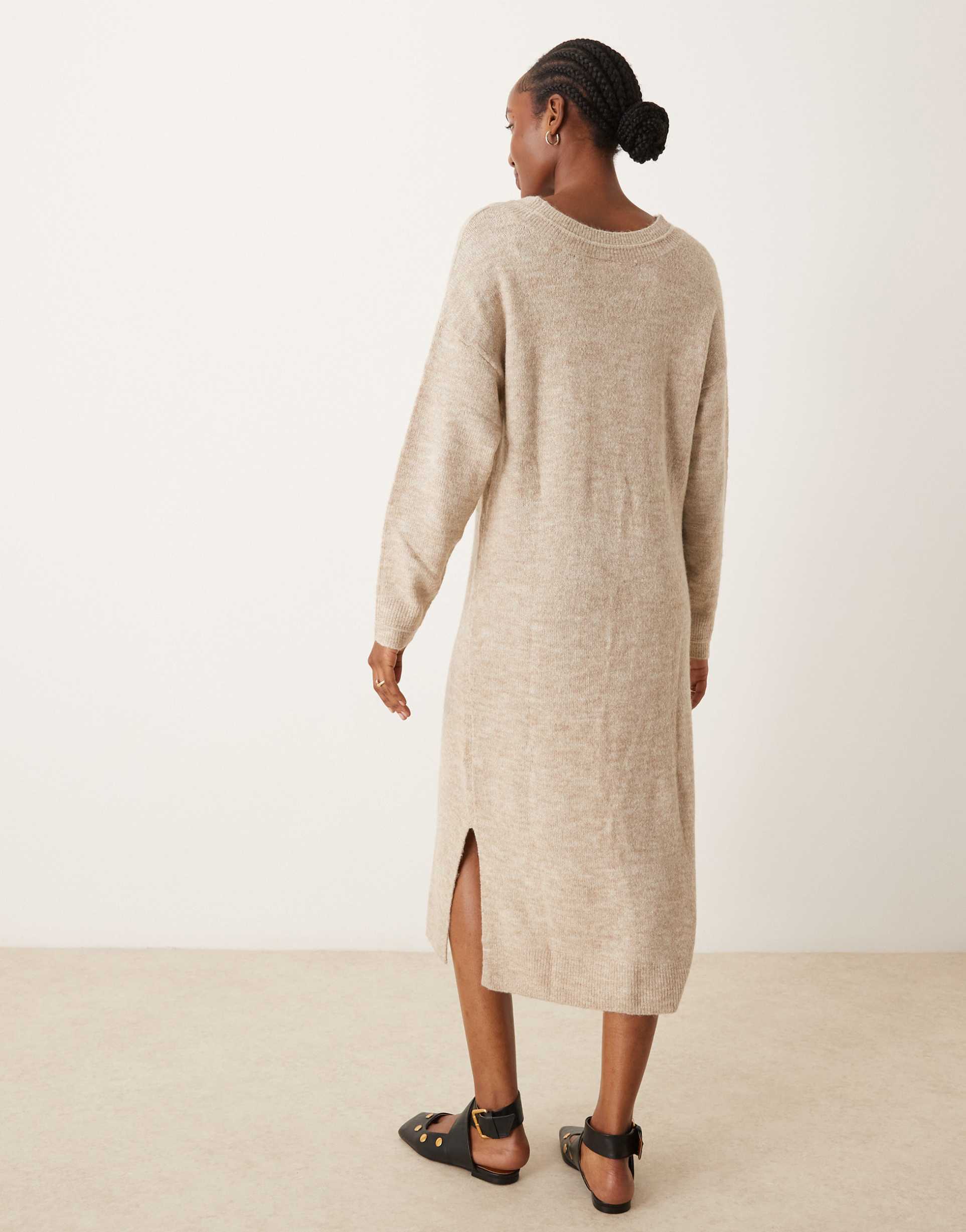 vila v neck knitted sweater midi dress in natural melange