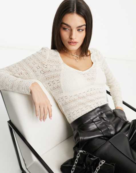 Vila v neck lace long sleeve top in cream - view 1