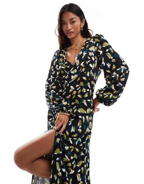 Vila v neck maxi dress with balloon sleeves in abstract green leaf print - view 1
