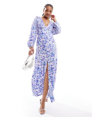 Vila v neck maxi dress with balloon sleeves in blue blurred spot print