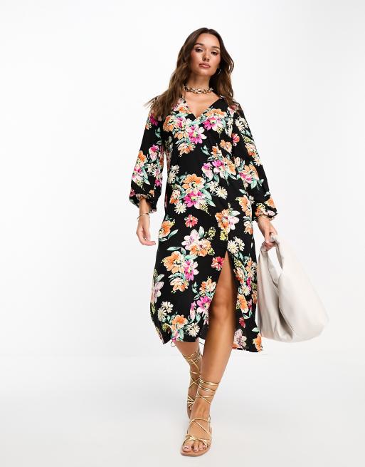 Vila v neck midi dress in black floral print | ASOS