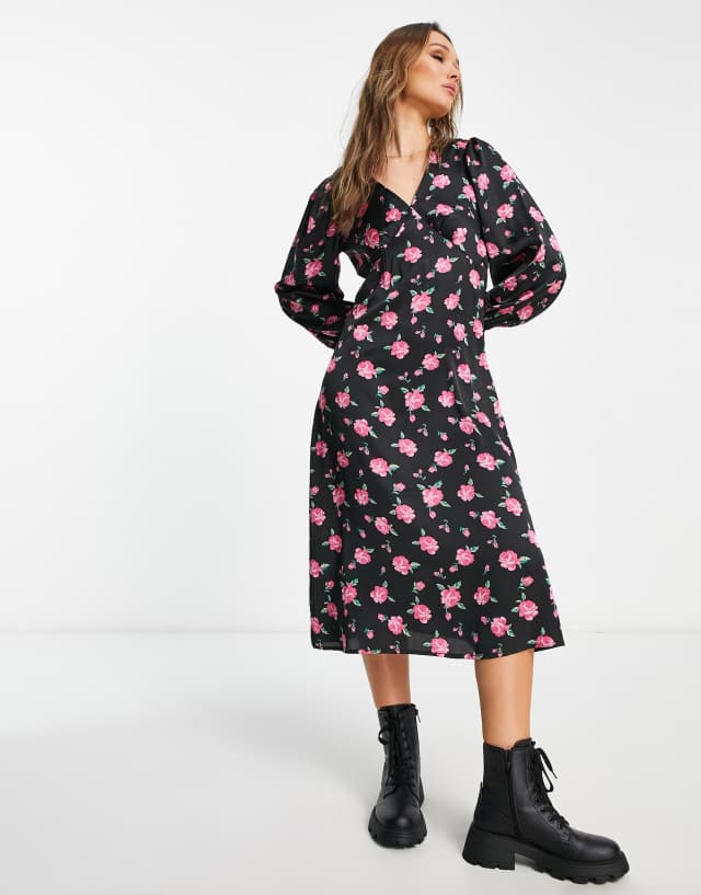 Vila v-neck midi dress in bright pink floral print