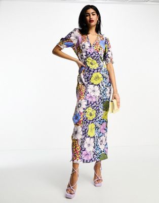 Vila V Neck Midi Tea Dress With Side Split In Mixed Floral Print-multi