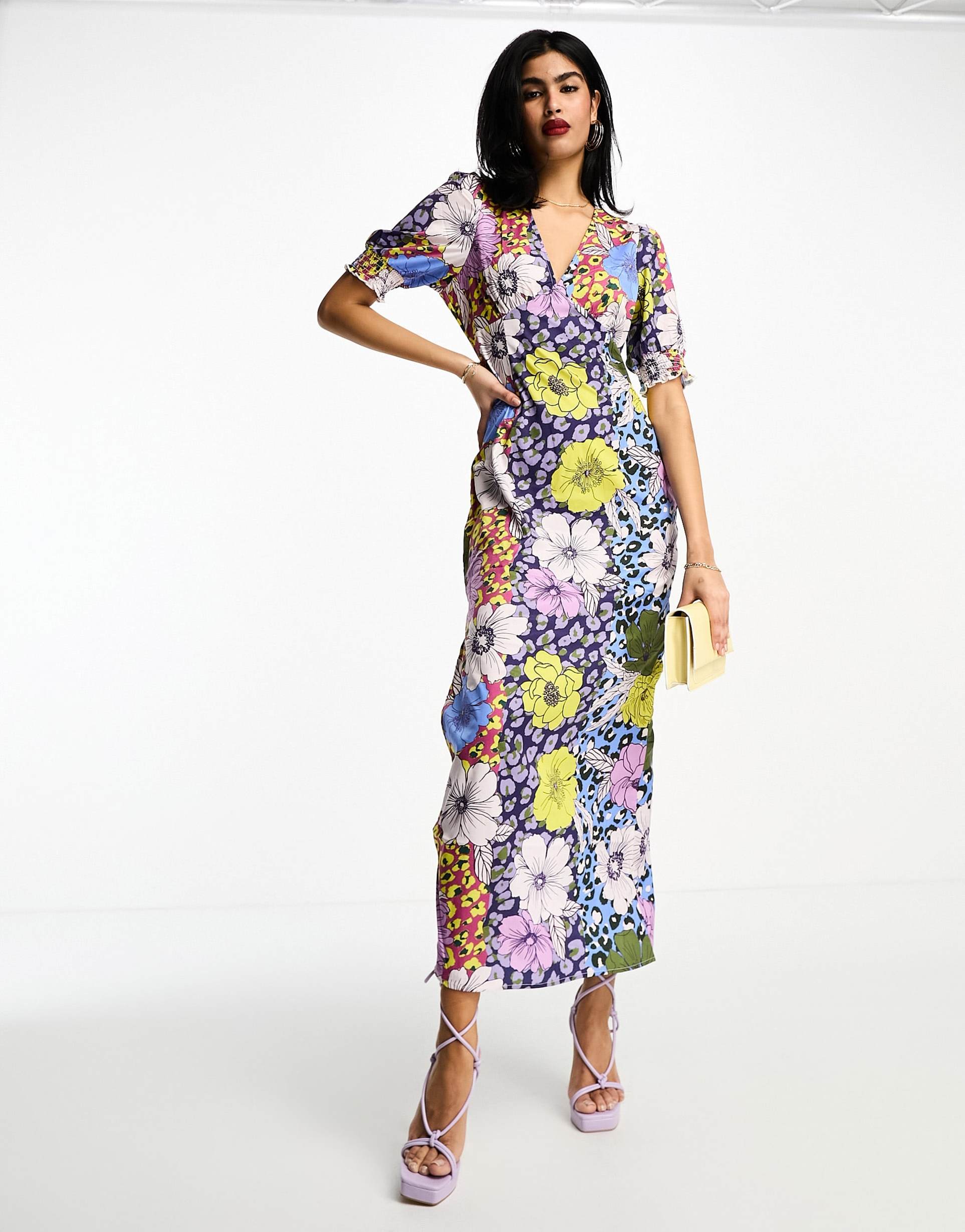 vila v neck midi tea dress with side split in mixed floral print