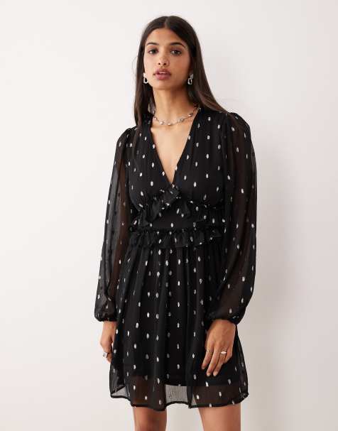 VILA v neck mini dress in black and silver foil - view 1