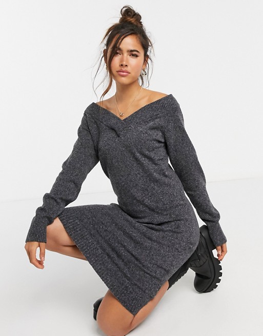Vila v neck mini jumper dress in grey