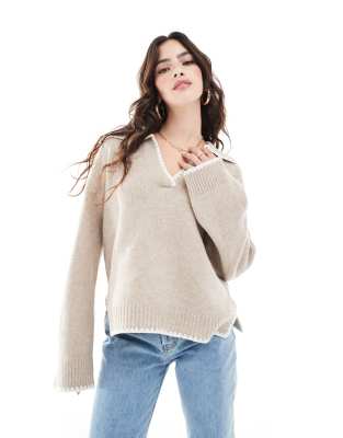 v neck open collar sweater with contrast stitch in beige-Neutral