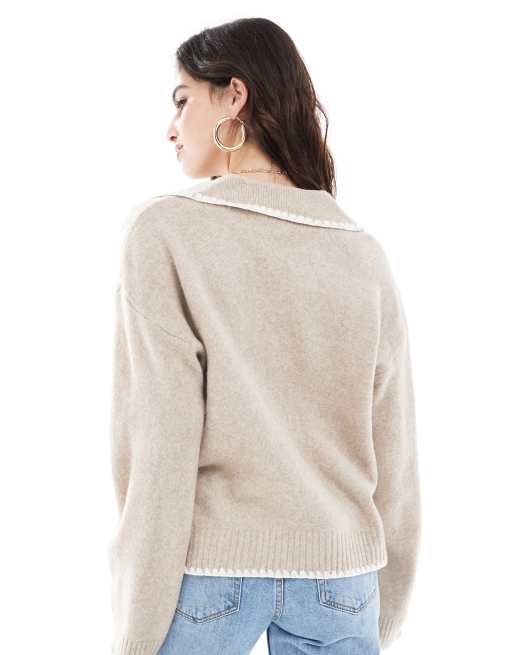 Vila v neck open collar sweater with contrast stitch in beige, 4 of 4