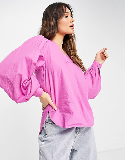  Shirts & Blouses/Vila v neck poplin blouse in bright pink 