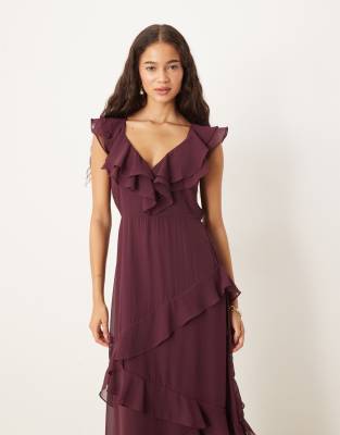 Vila V-neck Ruffle Detail Chiffon Maxi Dress In Red
