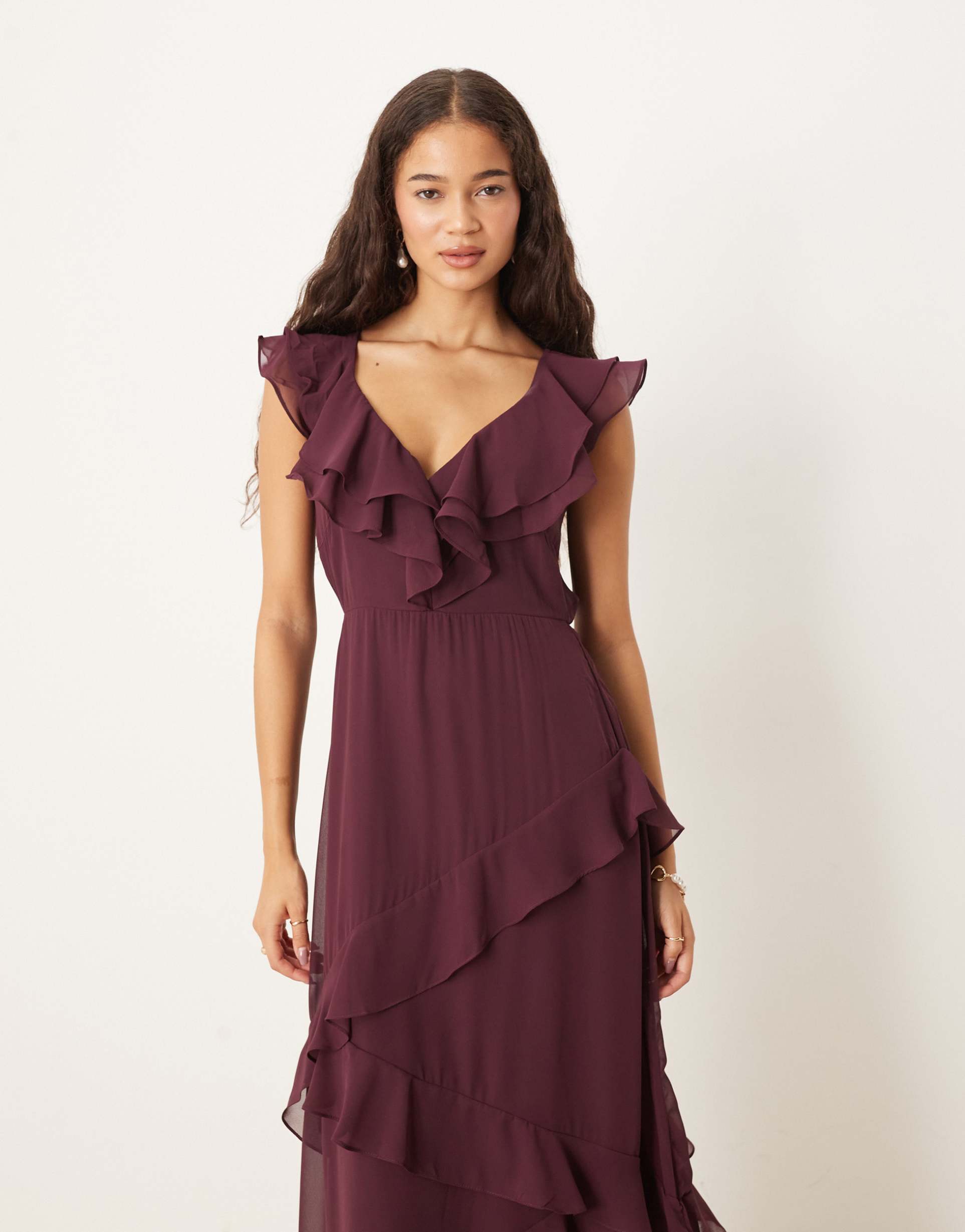 vila v-neck ruffle detail chiffon maxi dress in burgundy