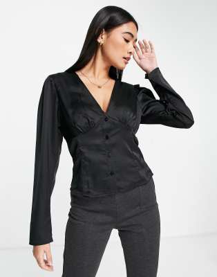 Vila v neck satin long sleeve blouse in black - ASOS Price Checker