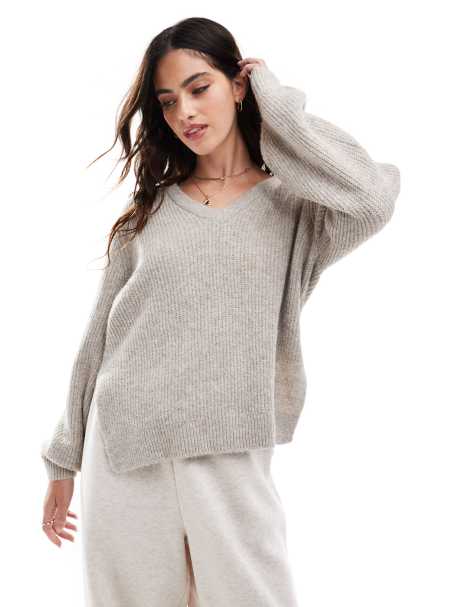 Vila v neck sweater in natural melange - view 1