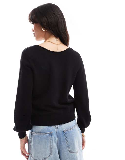 Vila V-neck sweater with puff sleeves in black