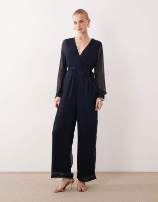 VILA V-neck tie waist chiffon jumpsuit in navy