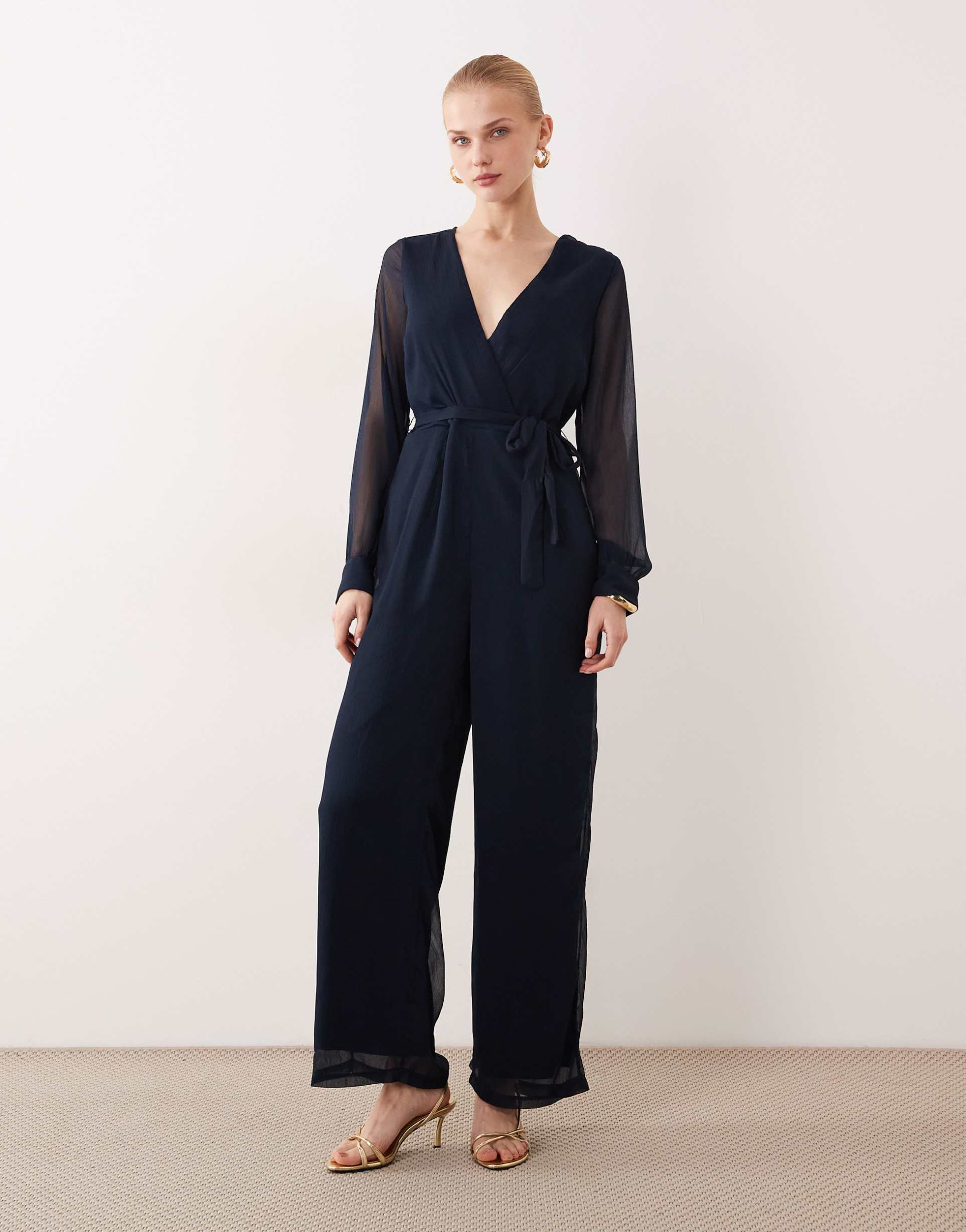 vila v-neck tie waist chiffon jumpsuit in navy