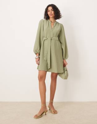 Vila v neck tie waist mini dress in green