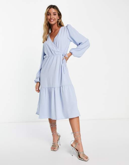 Vila v neck tiered midi dress in blue | ASOS