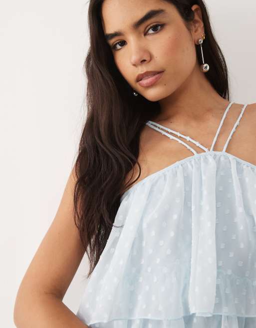 VILA - Vestido corto azul claro con cuello subido y volantes de plumeti, 3 de 4