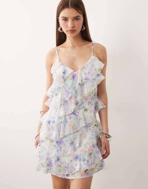 VILA - Vestido corto blanco de tirantes con estampado floral y volantes - view 1