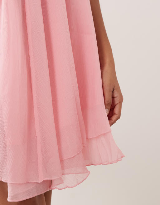 VILA - Vestido corto rosa claro de corte trapecio de chifón, 3 de 4