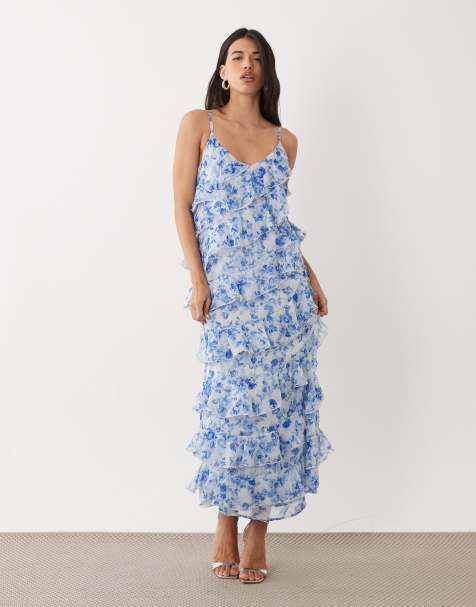 VILA - Vestido largo azul con estampado floral, abertura lateral y volantes asimétricos - view 1