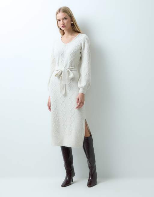 VILA - Vestido largo beis jaspeado con lazada en la cintura de punto de ochos, 3 de 4