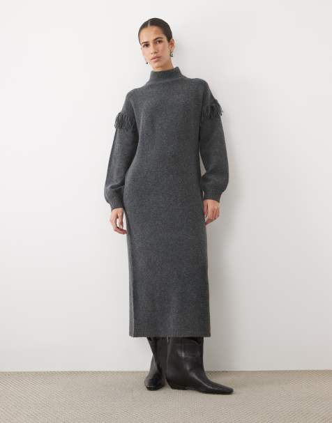 Vila vestido largo de punto con cuello alzado y detalles de flecos en gris oscuro jaspeado - view 1