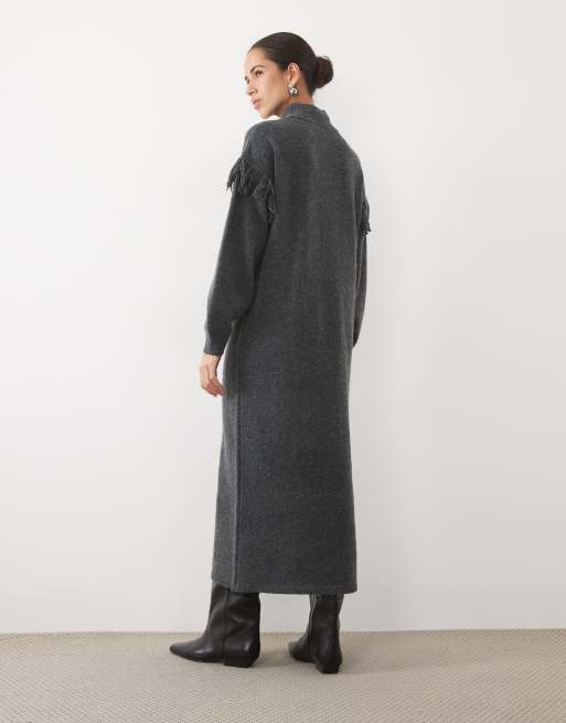 Vila vestido largo de punto con cuello alzado y detalles de flecos en gris oscuro jaspeado, 3 de 4