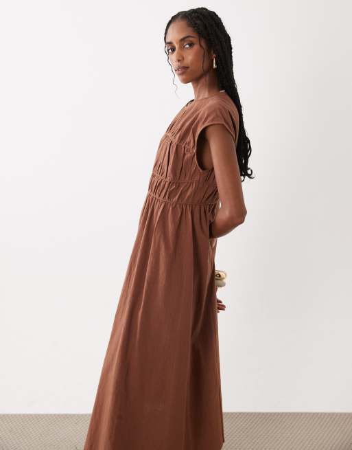 VILA - Vestido largo marrón chocolate fruncido con detalle de ribetes, 2 de 4