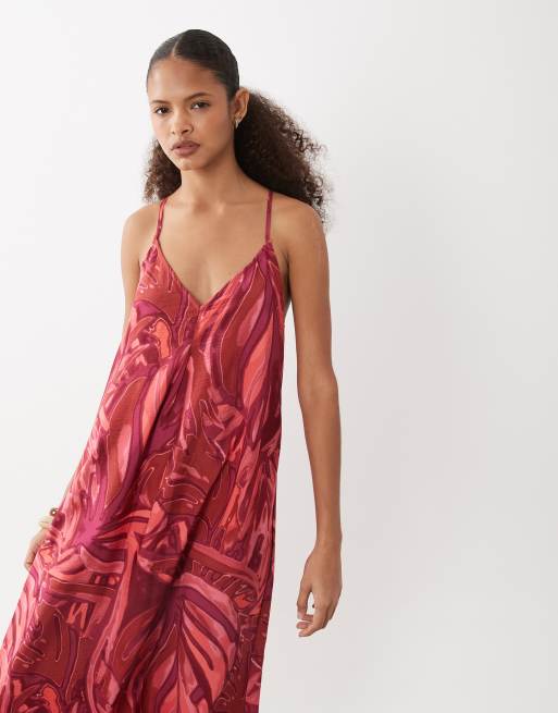 VILA - Vestido largo rojo de tirantes cruzados con estampado tropical, 3 de 4