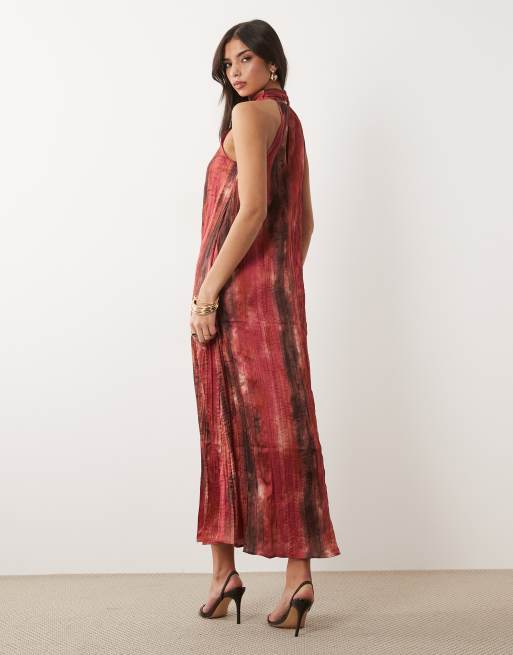 VILA - Vestido largo rosa con cuello halter y estampado difuminado de crepé, 2 de 4
