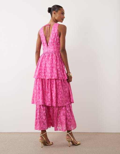 VILA - Vestido largo rosa escalonado con cuello de pico de jacquard, 4 de 4