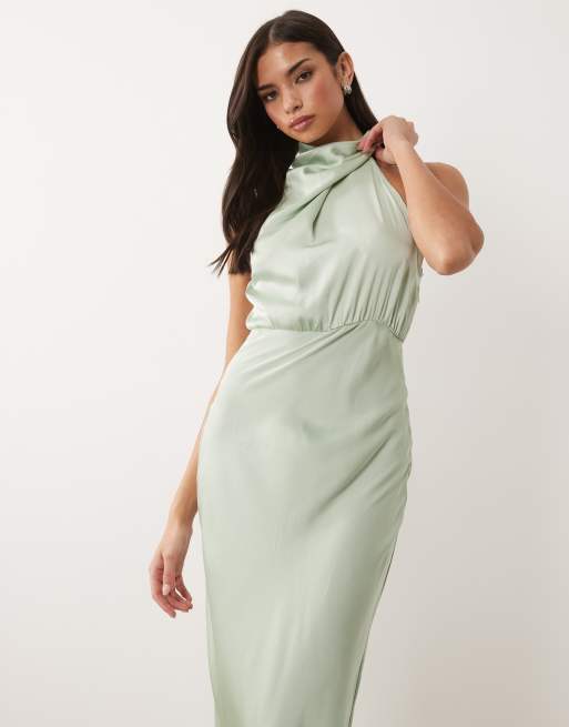 VILA - Vestido largo verde salvia con cuello alto de satén, 2 de 4