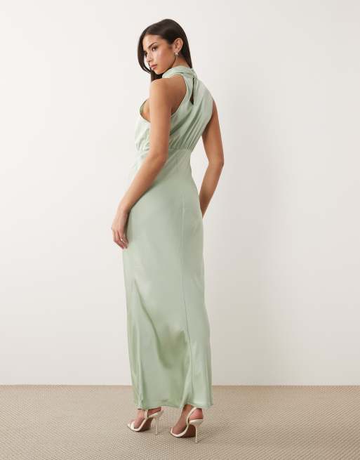 VILA - Vestido largo verde salvia con cuello alto de satén, 4 de 4