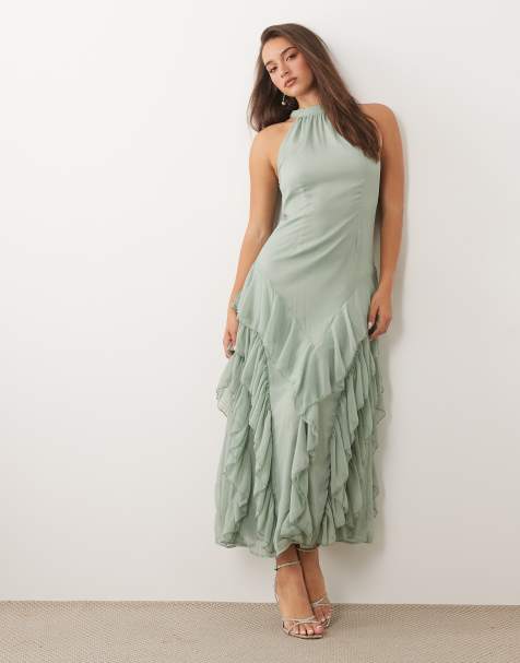 VILA - Vestido largo verde salvia de estilo boho con cuello subido y lazada en la espalda - view 1