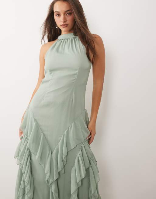 VILA - Vestido largo verde salvia de estilo boho con cuello subido y lazada en la espalda, 2 de 4