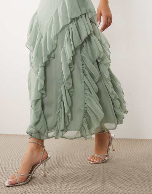 VILA - Vestido largo verde salvia de estilo boho con cuello subido y lazada en la espalda, 3 de 4