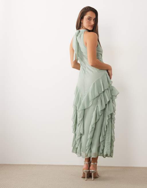 VILA - Vestido largo verde salvia de estilo boho con cuello subido y lazada en la espalda, 4 de 4
