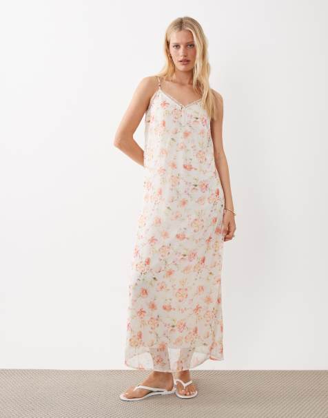 VILA - Vestido midi blanco y azul de tirantes con estampado floral y ribete de encaje - view 1